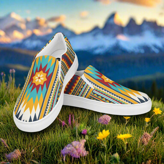 Nakona Southwest Print Slip-on Canvas Shoes featuring vibrant geometric patterns for casual style