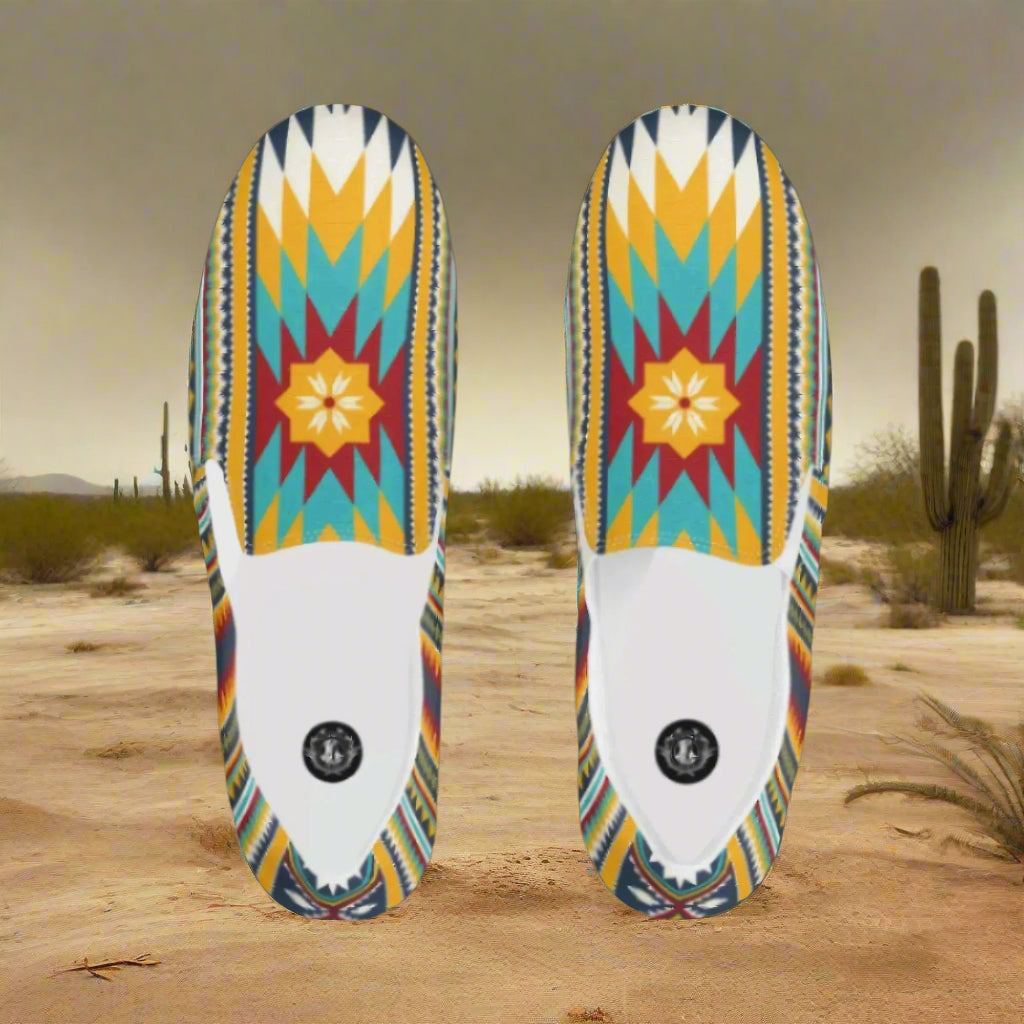 Nakona Southwest Print Slip-on Canvas Shoes featuring vibrant tribal patterns in yellow and blue