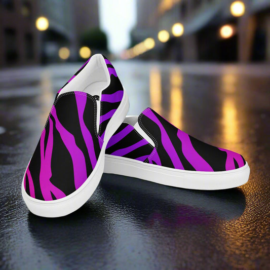 WildSage Market Purple Zebra Canvas Shoes slip on casual shoes with black zebra stripes and white sole