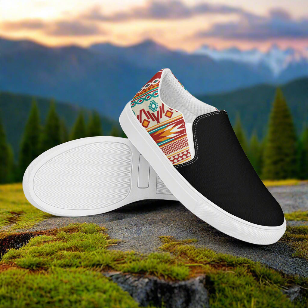Nogales Two Tone Slip-on Canvas Shoes featuring a stylish black design and vibrant patterned accents