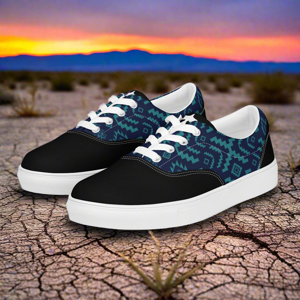 WildSage Market Lace-up Canvas Shoes low top black toe with teal Aztec patterned upper and white sole