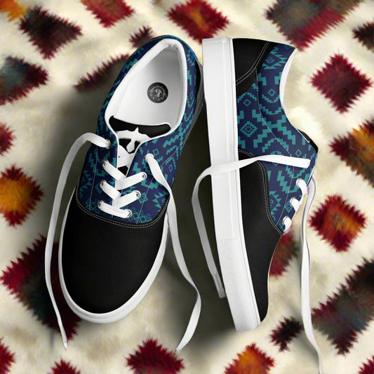 WildSage Market Lace-up Canvas Shoes with teal Aztec print black toe white laces and rubber sole