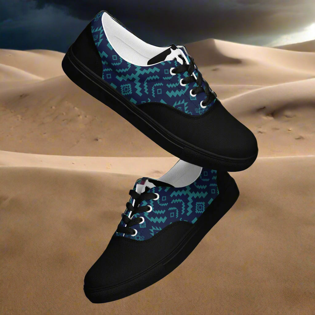 WildSage Market Lace-up Canvas Shoes black with teal geometric pattern low top casual sneakers for everyday wear