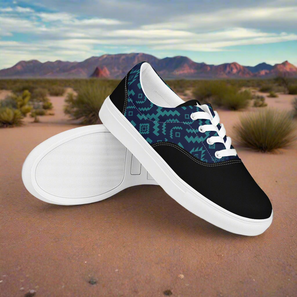 Lace-up Canvas Shoes WildSage Market black toe teal geometric print white laces low profile casual sneakers in desert scene