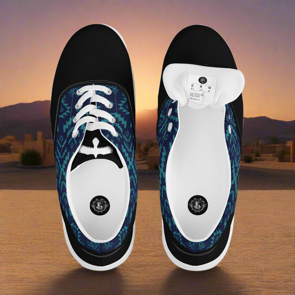 WildSage Market Lace-up Canvas Shoes top view teal geometric print black toe and white laces