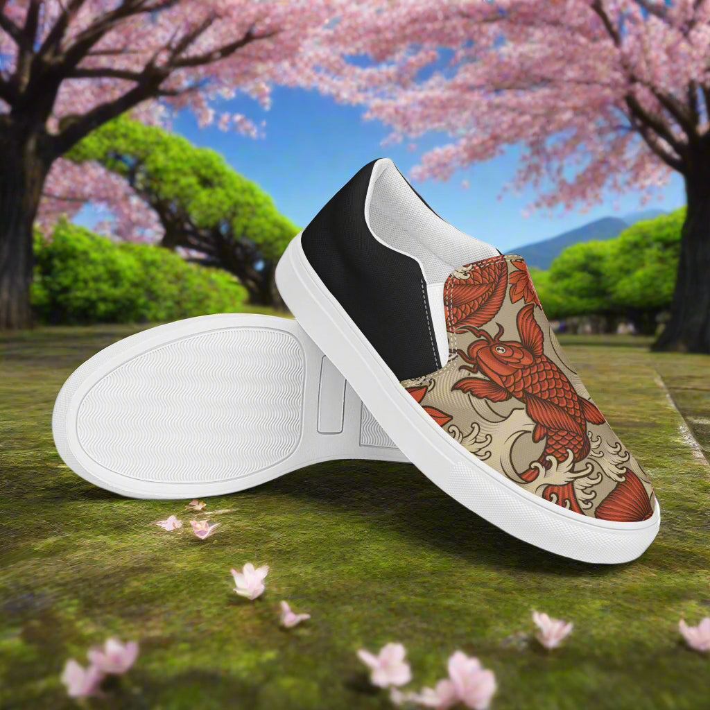 Stylish Orange Koi Halftone Slip-on Canvas Shoes with a unique koi fish design perfect for casual wear