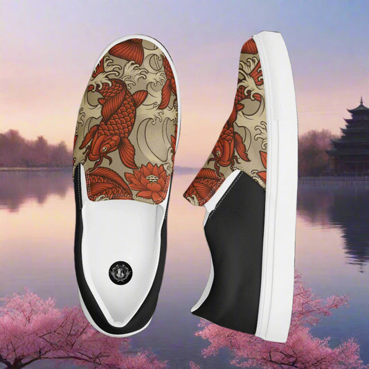 Orange Koi Halftone Slip-on Canvas Shoes featuring a vibrant koi fish design on a scenic background