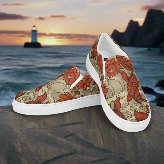 Orange Koi Slip-on Canvas Shoes featuring vibrant floral designs against a beach backdrop