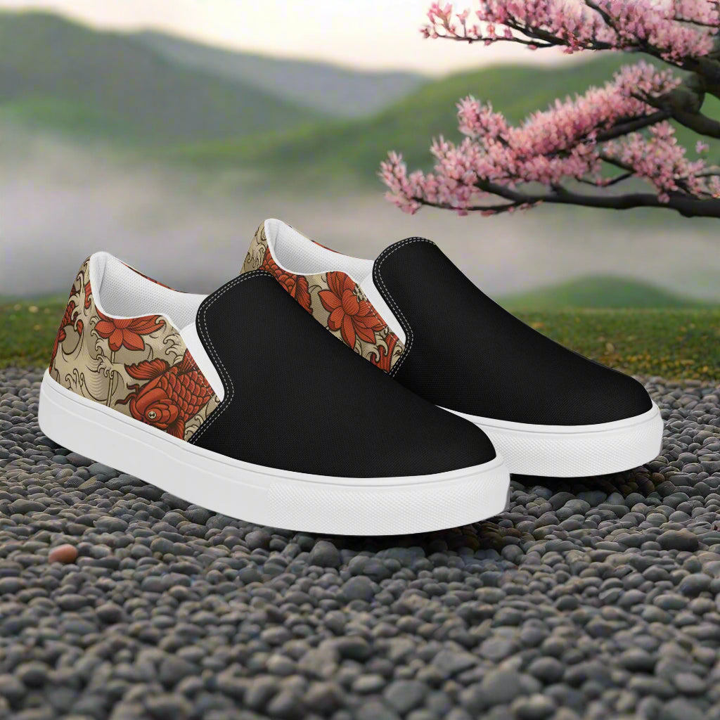 Orange Koi Two Tone Slip-on Canvas Shoes with Floral Design on a Scenic Background