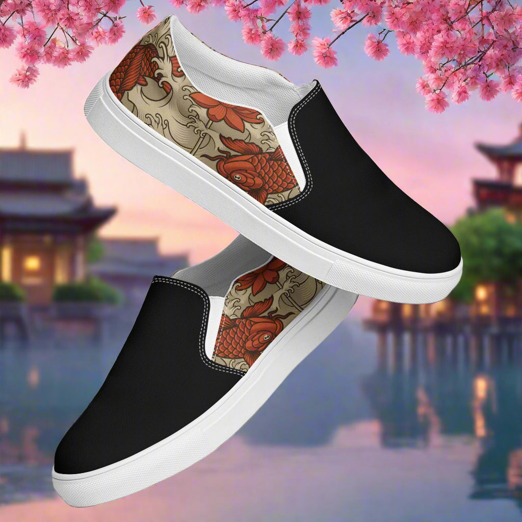 Orange Koi Two Tone Slip-on Canvas Shoes with intricate koi fish design and comfortable fit