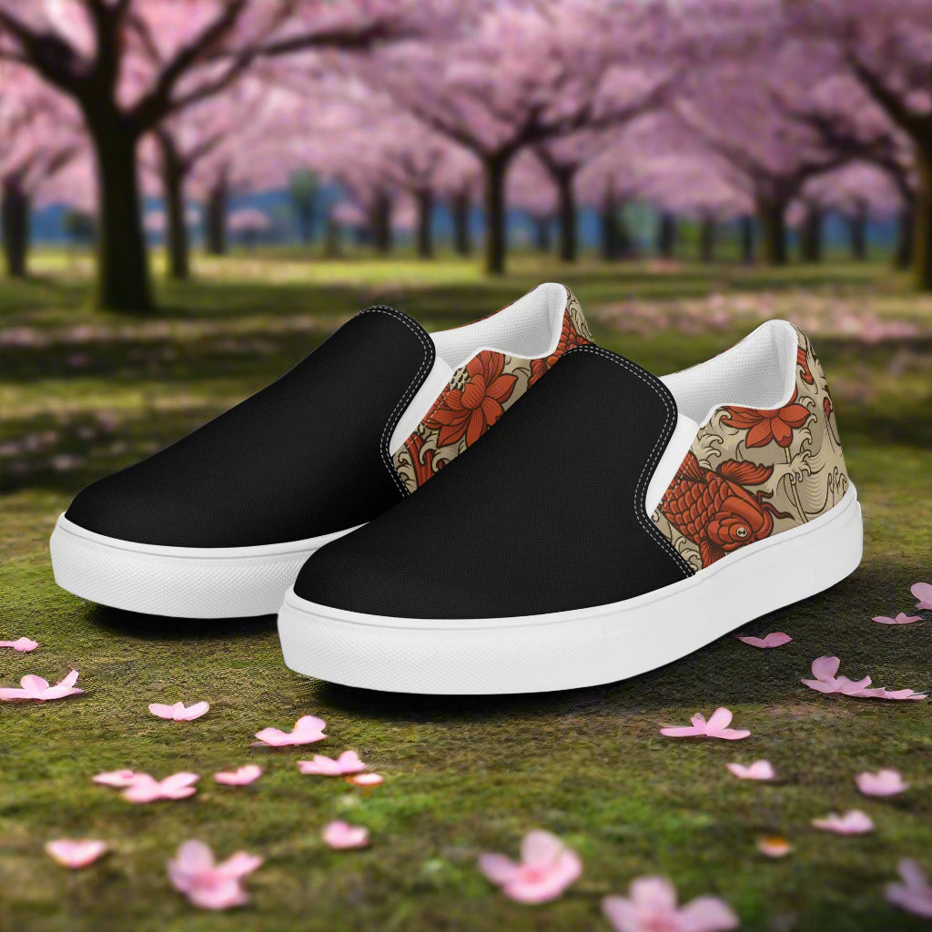 Orange Koi Two Tone Slip-on Canvas Shoes with floral design and sleek black front for stylish comfort