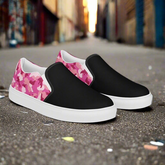 WildSage Market pink camo slip on halftone shoes with black front and white sole on urban street