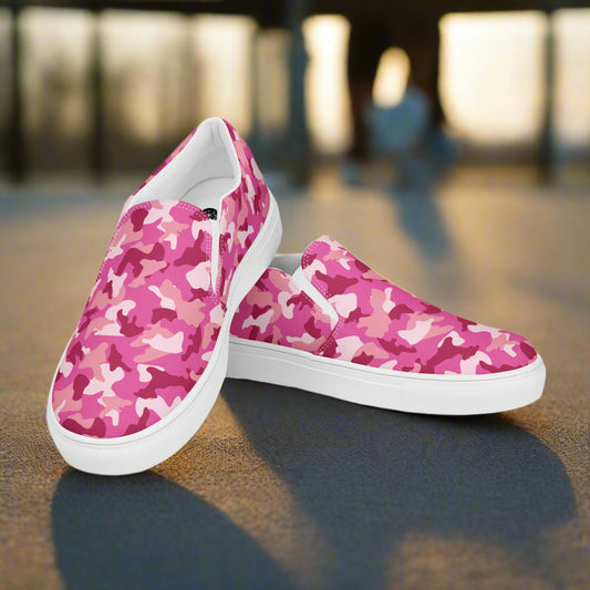 WildSage Market pink camo slip on shoes with white soles displayed on pavement