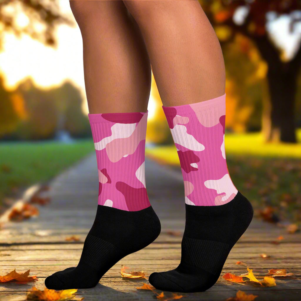 Pink Camo Unisex Black Bottom Socks with vibrant pink camouflage design for stylish footwear