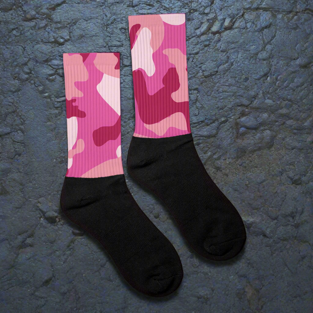 Pink Camo Unisex Black Bottom Socks with vibrant pink camouflage design and comfortable black soles