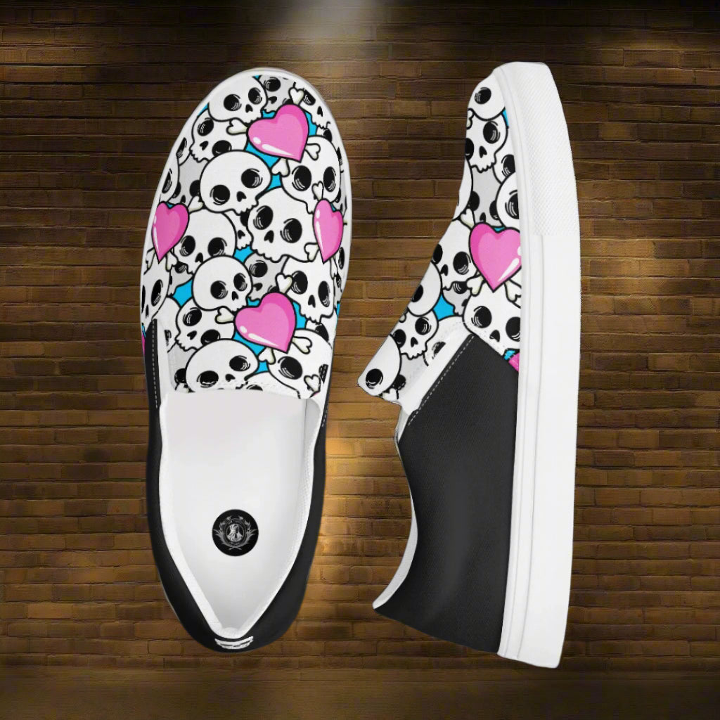 Pink Heart Skulls Halftone Slip-On Canvas Shoes with a unique design of skulls and hearts