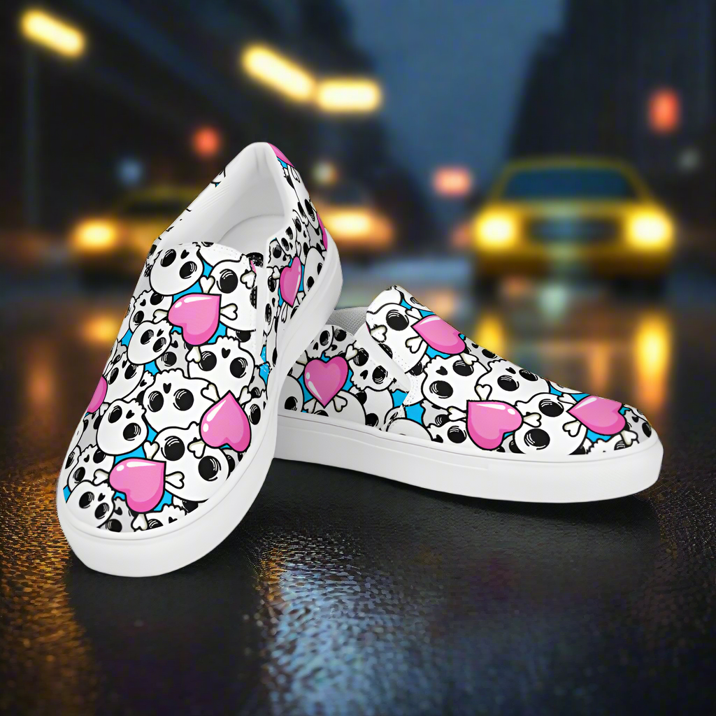 Pink Heart Skulls Slip-On Canvas Shoes featuring a skull and pink heart design for casual wear