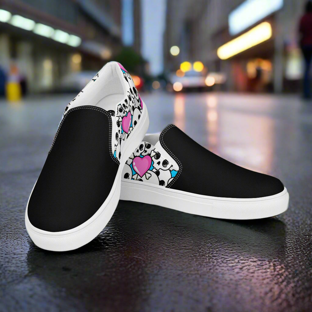 Pink Heart Skulls Two Tone Slip-On Canvas Shoes featuring a stylish black and colorful design