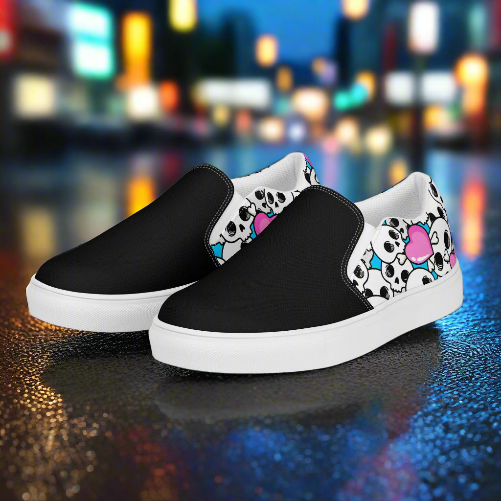 Pink Heart Skulls Two Tone Slip-On Canvas Shoes with Black and White Design for Casual Style