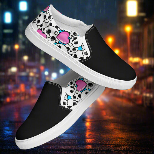 Pink Heart Skulls Two Tone Slip-On Canvas Shoes with black and white design for stylish comfort