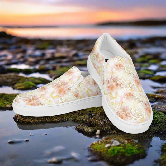 Pink Peony Slip-on Canvas Shoes featuring a floral design against a serene background