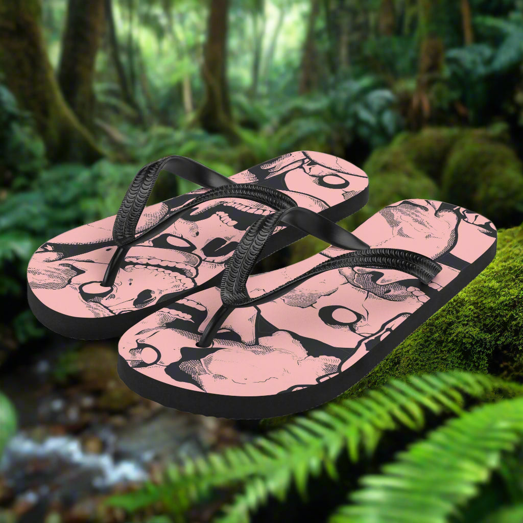 WildSage Market pink skull print flip flops with comfortable black straps for casual summer wear