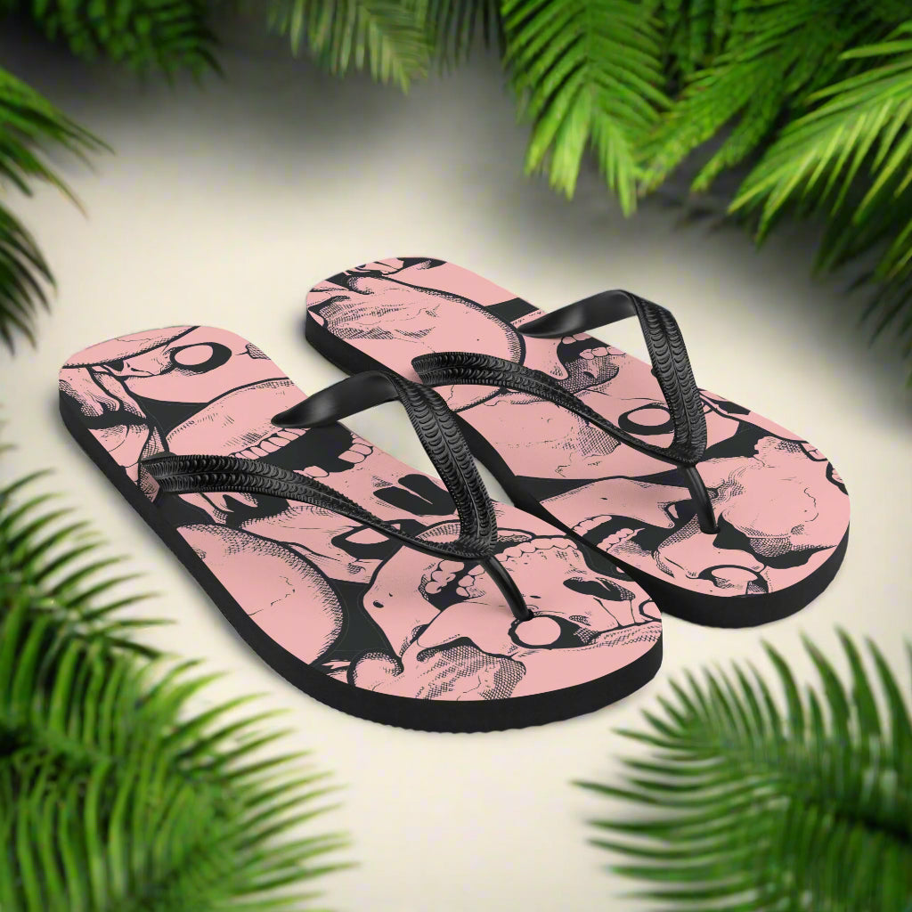WildSage Market Pink Skull Print Flip Flops with Black Straps for a Unique Summer Look