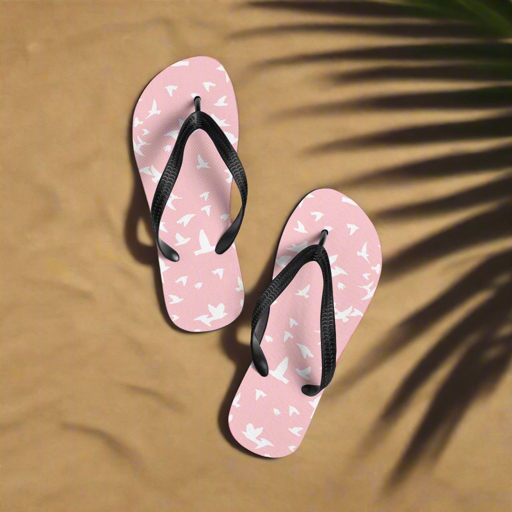 Pink White bird print flip-flops with black straps perfect for summer beach outings