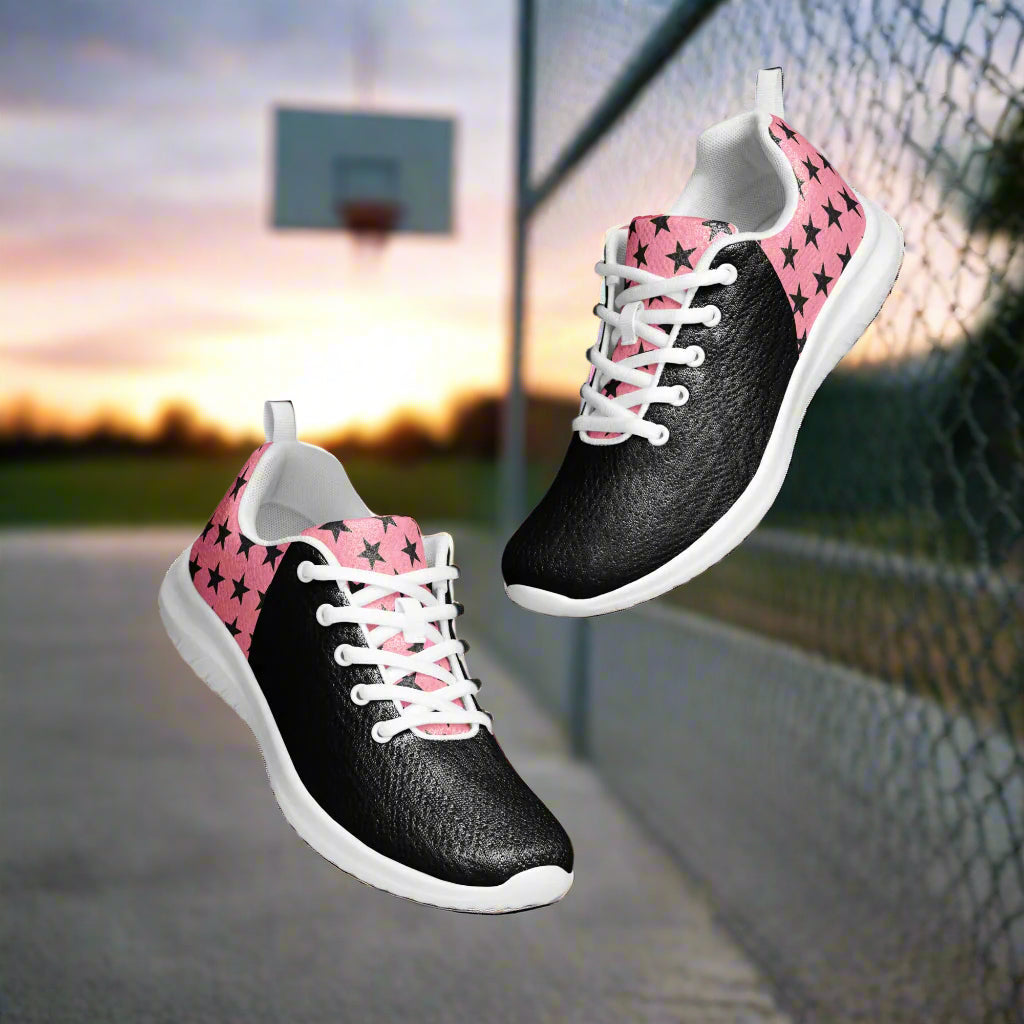 WildSage Market women's Custom Athletic Shoes black textured front pink star heel white laces