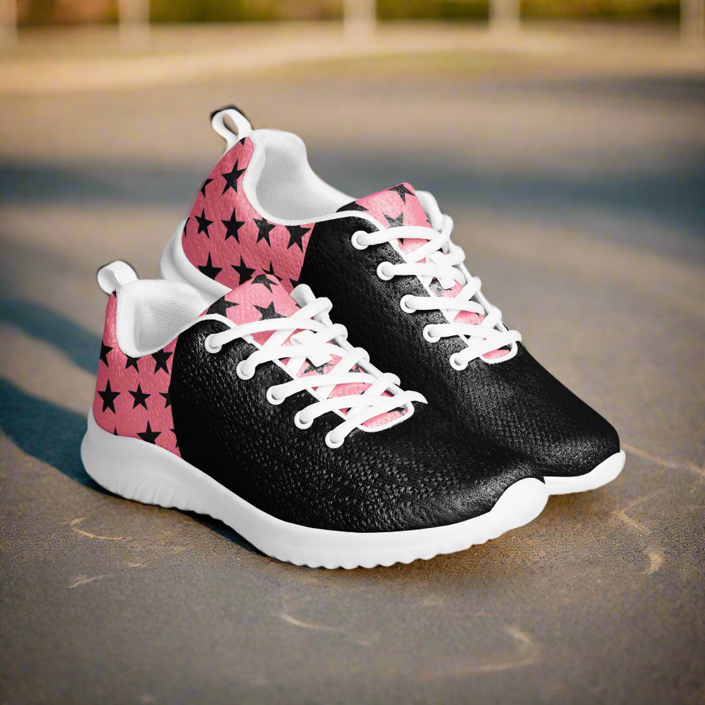WildSage Market women black and pink star pattern athletic sneakers with white sole and laces Custom Athletic Shoes