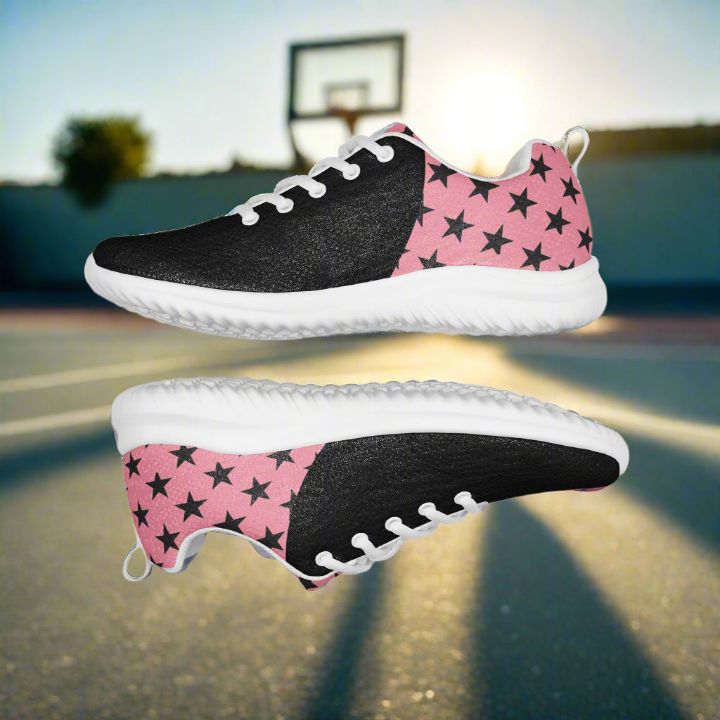 WildSage Market womens Custom Athletic Shoes black mesh front pink star print heel white sole on court