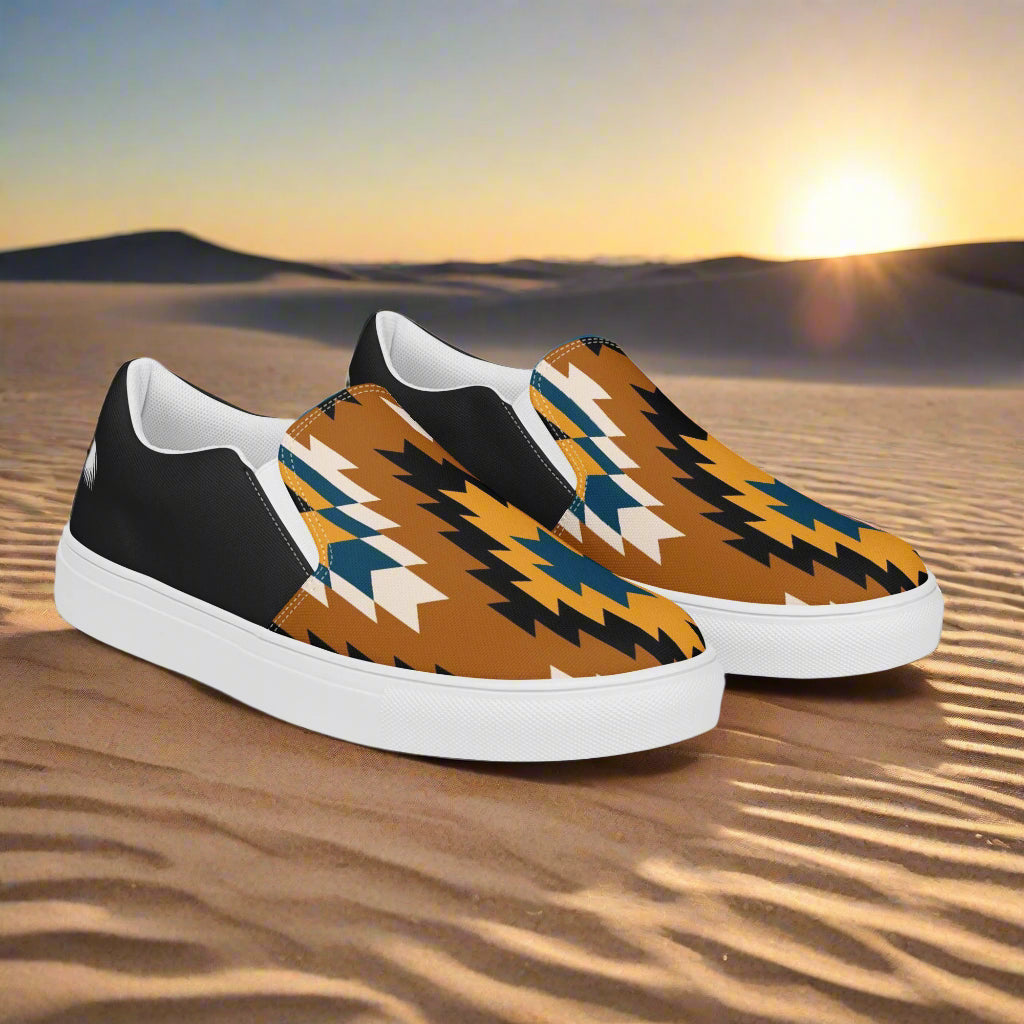 Pueblo Halftone Slip-on Canvas Shoes with a Vibrant Tribal Pattern in Brown, Black, and Blue