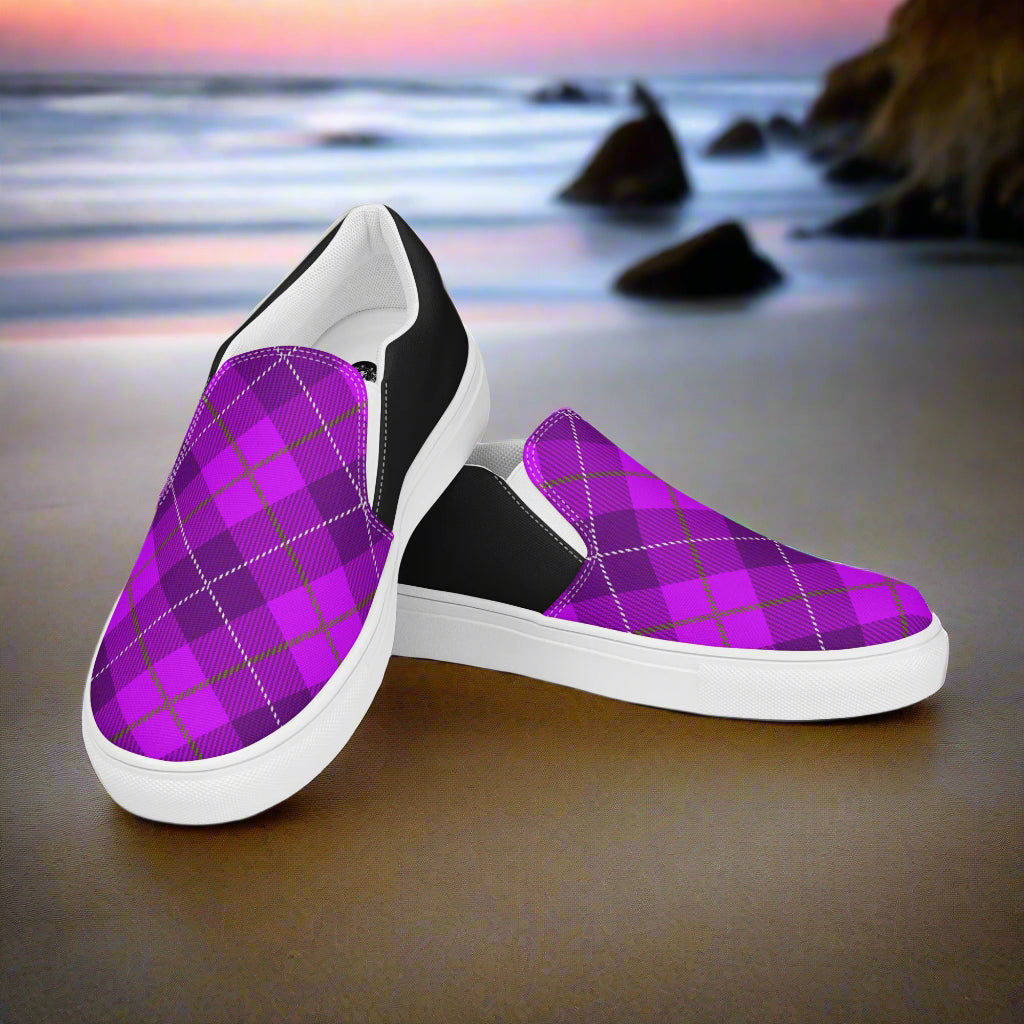 Purple Plaid Halftone Slip-On Canvas Shoes with white soles and black accents by WildSage Market