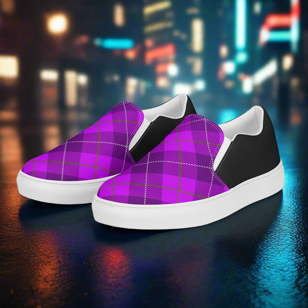 Purple Plaid Halftone Slip-On Canvas Shoes by WildSage Market with white soles and black heel accents