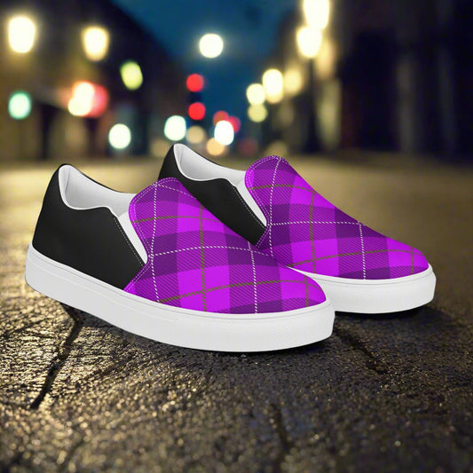 Purple Plaid Halftone Slip-On Canvas Shoes by WildSage Market with black heel and white sole on street