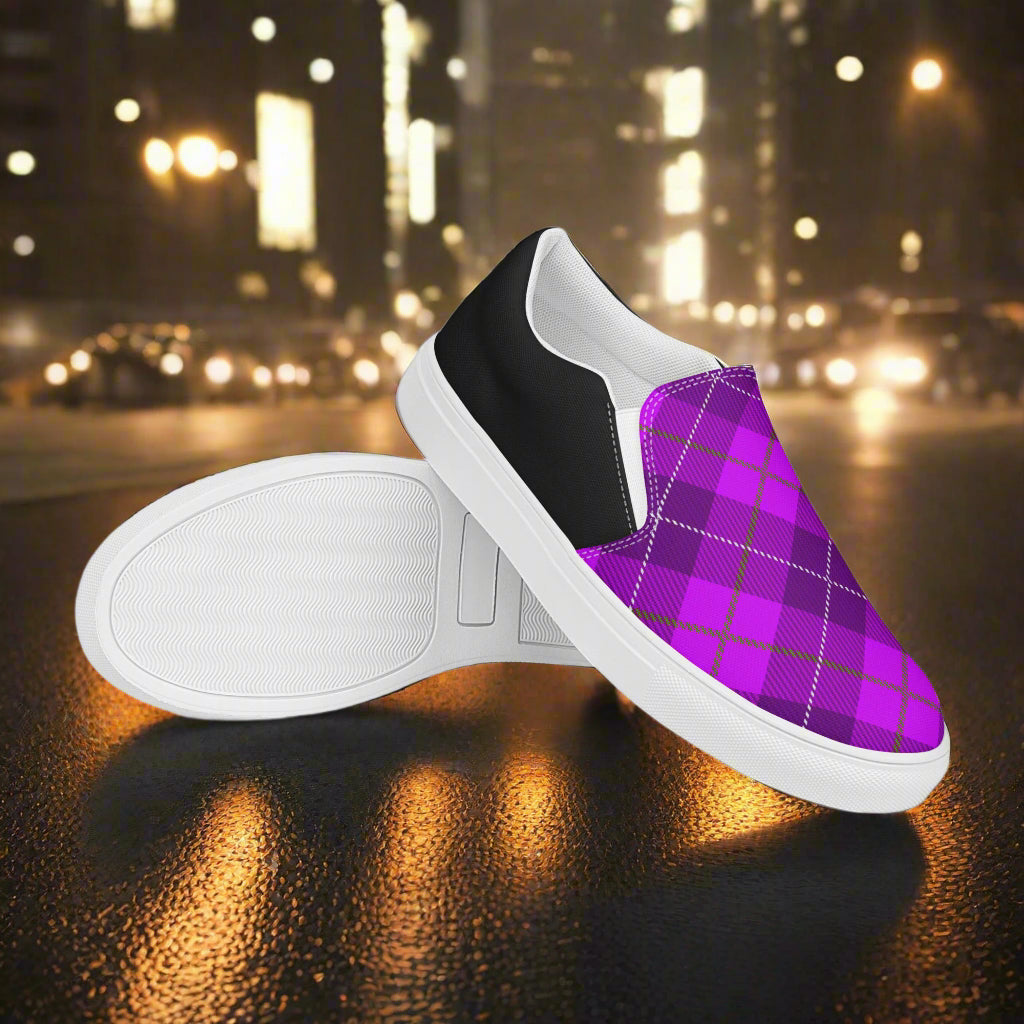 WildSage Market Purple Plaid Halftone Slip-On Canvas Shoes with white soles on city street background