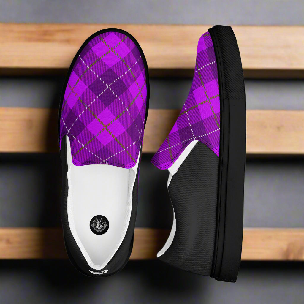 WildSage Market Purple Plaid Halftone Slip-On Canvas Shoes with black soles and comfortable design