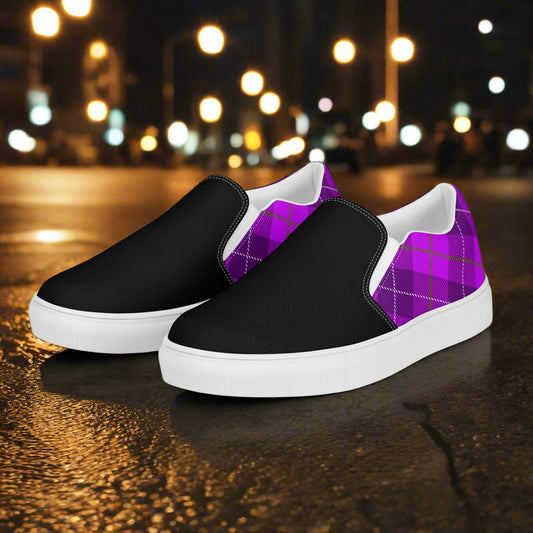 WildSage Market purple plaid Two Tone slip on shoes with black front and white sole on wet street
