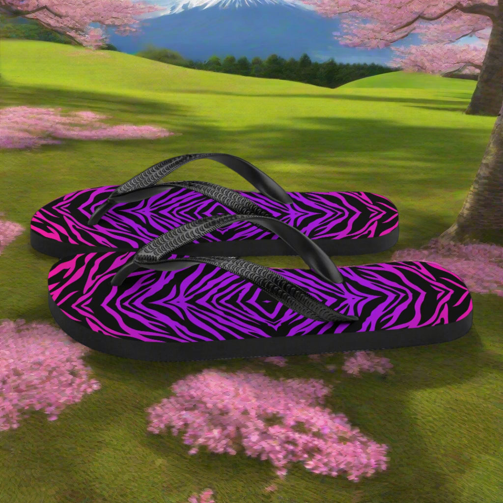 WildSage Market purple zebra print flip-flops with black straps on a vibrant outdoor background