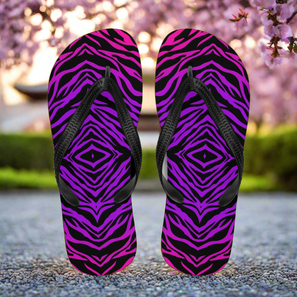 Purple zebra print flip-flops with a stylish design for trendy summer wear
