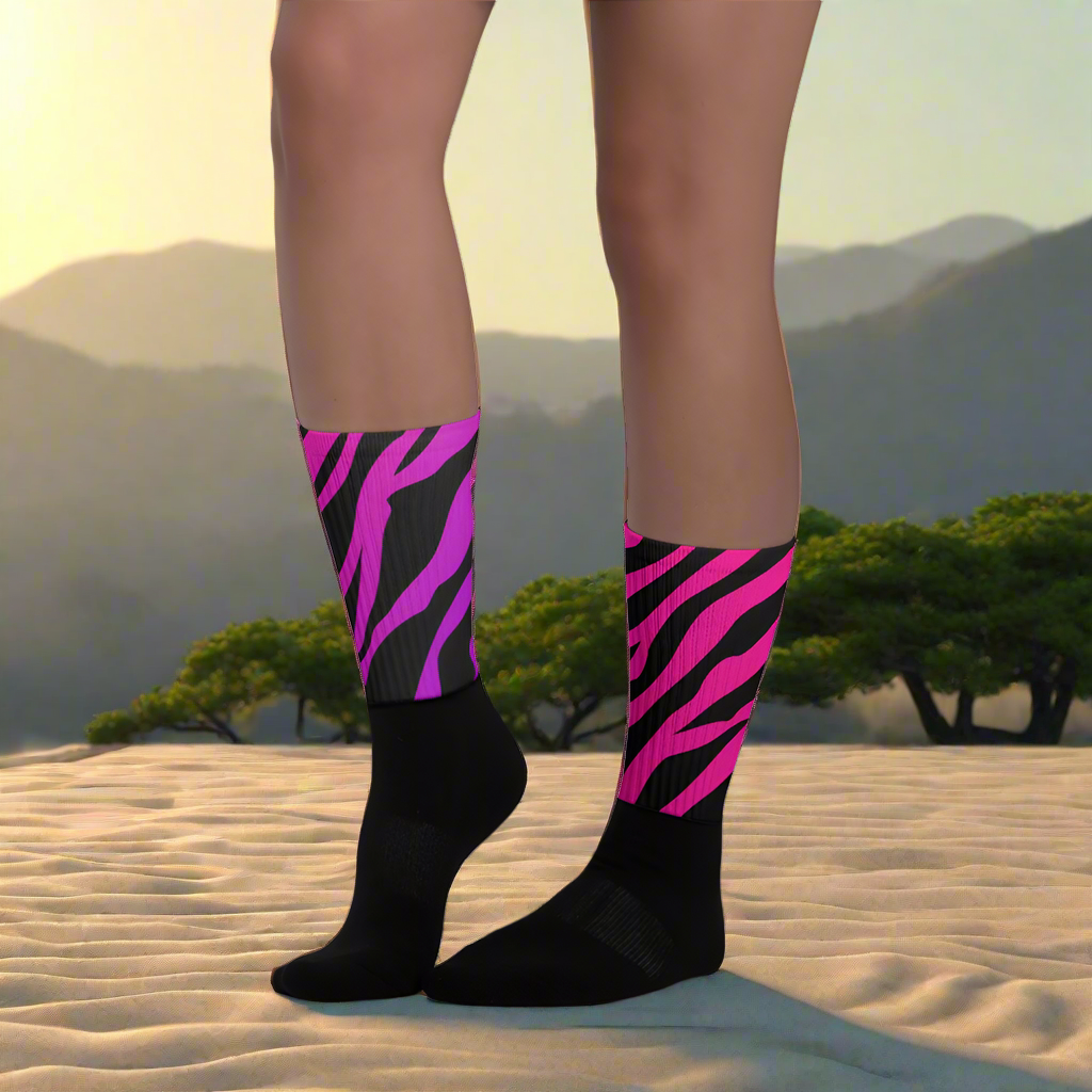 Purple Zebra Unisex Black Bottom Socks with vibrant pink zebra stripes for stylish comfort