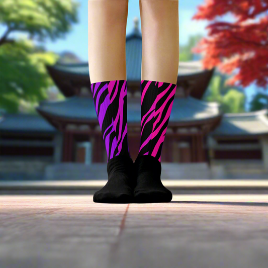 Purple Zebra Unisex Black Bottom Socks featuring a vibrant zebra stripe design for style and comfort