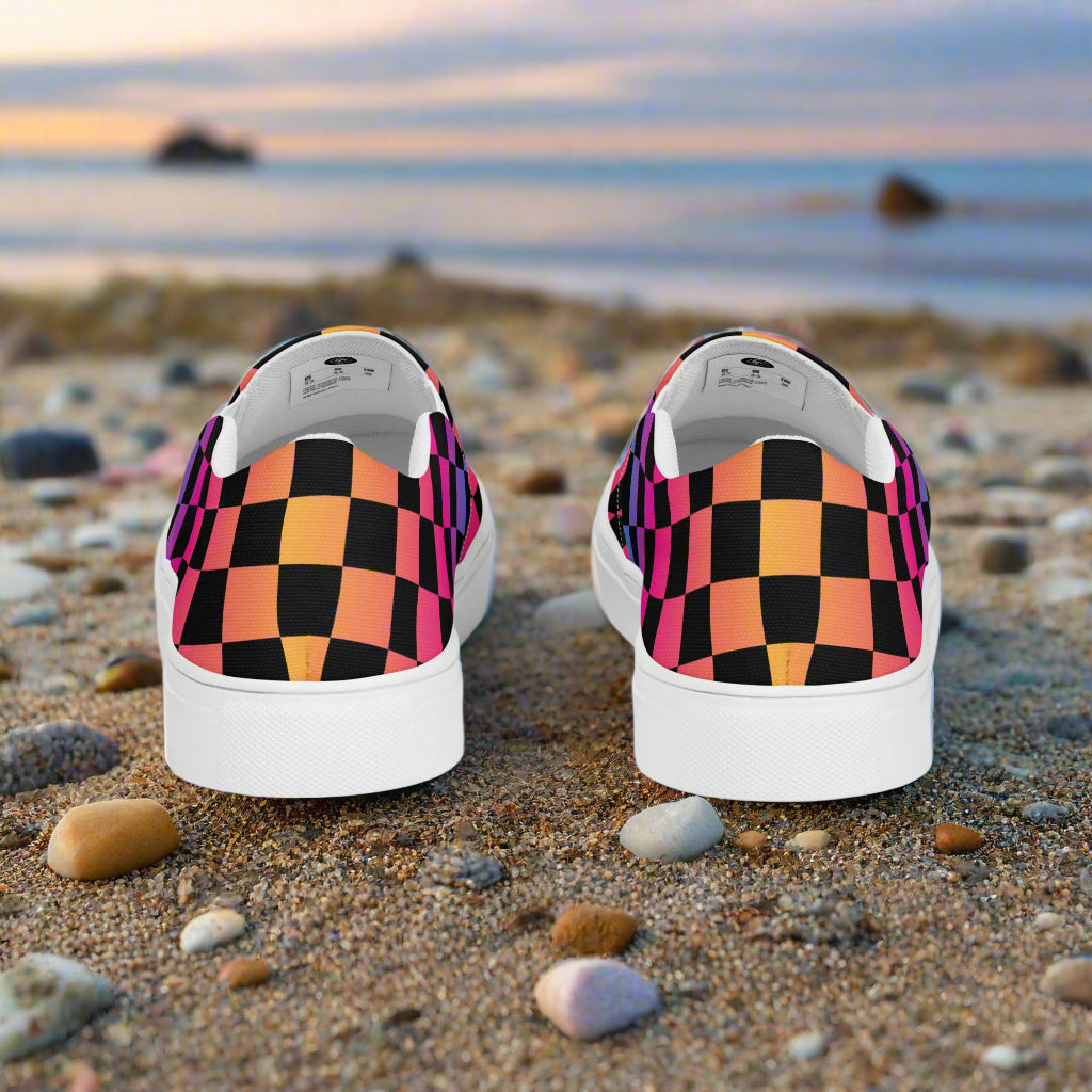 Rainbow Chex Slip-On Canvas Shoes with a colorful checkerboard pattern perfect for casual wear