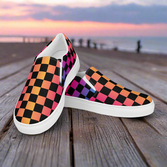 Rainbow Chex Slip-On Canvas Shoes with a vibrant checkerboard pattern for stylish comfort