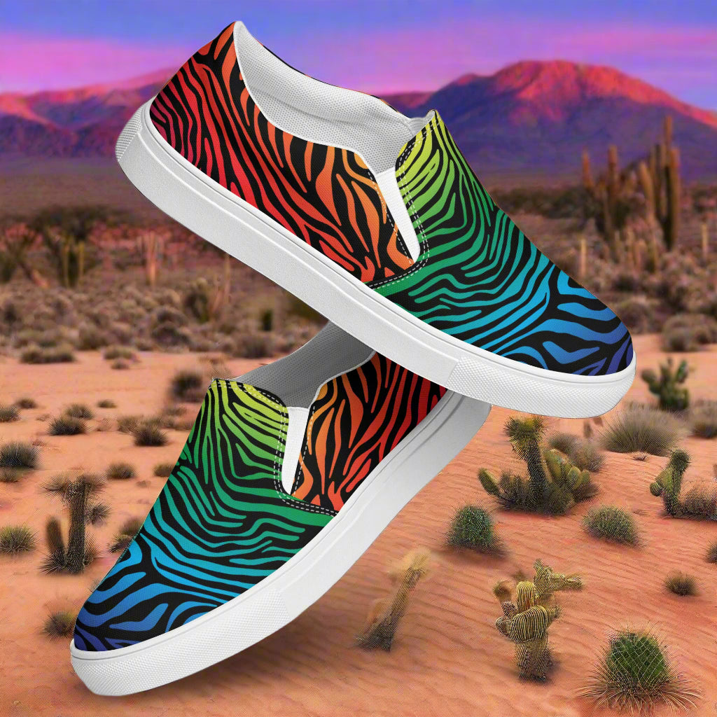 Rainbow Zebra Print Slip-on Canvas Shoes featuring vibrant colors and a comfortable design for casual wear