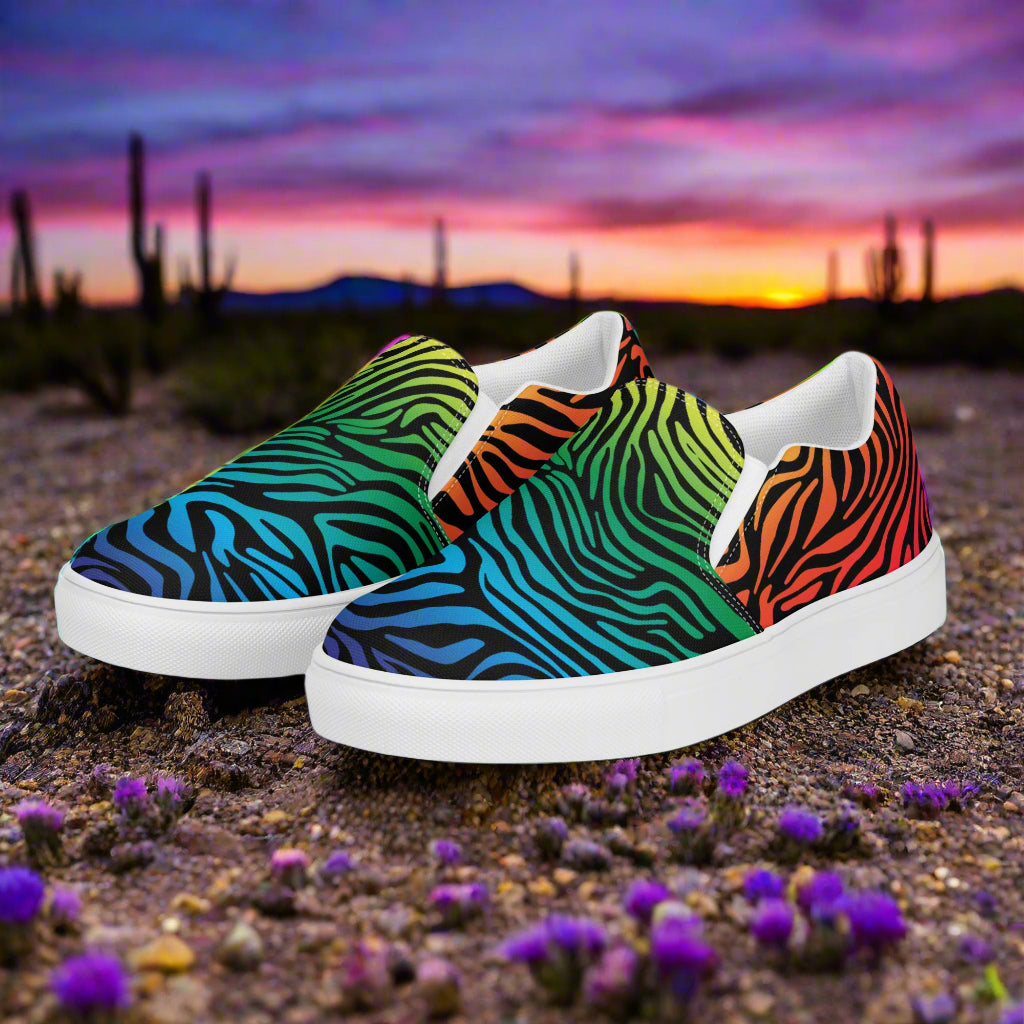 Rainbow Zebra Print Slip-on Canvas Shoes with vibrant colors for casual and comfortable wear