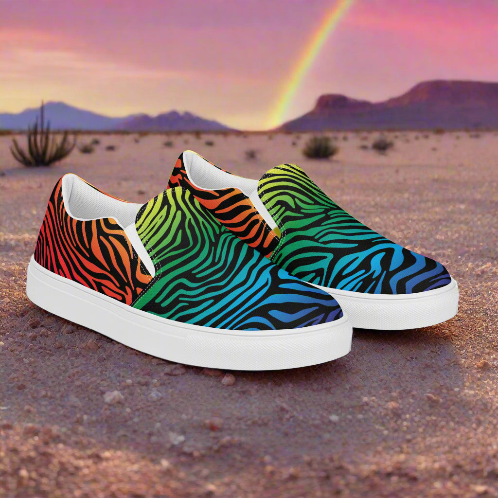 Rainbow Zebra Print Slip-on Canvas Shoes featuring vibrant colors and a stylish design for casual wear