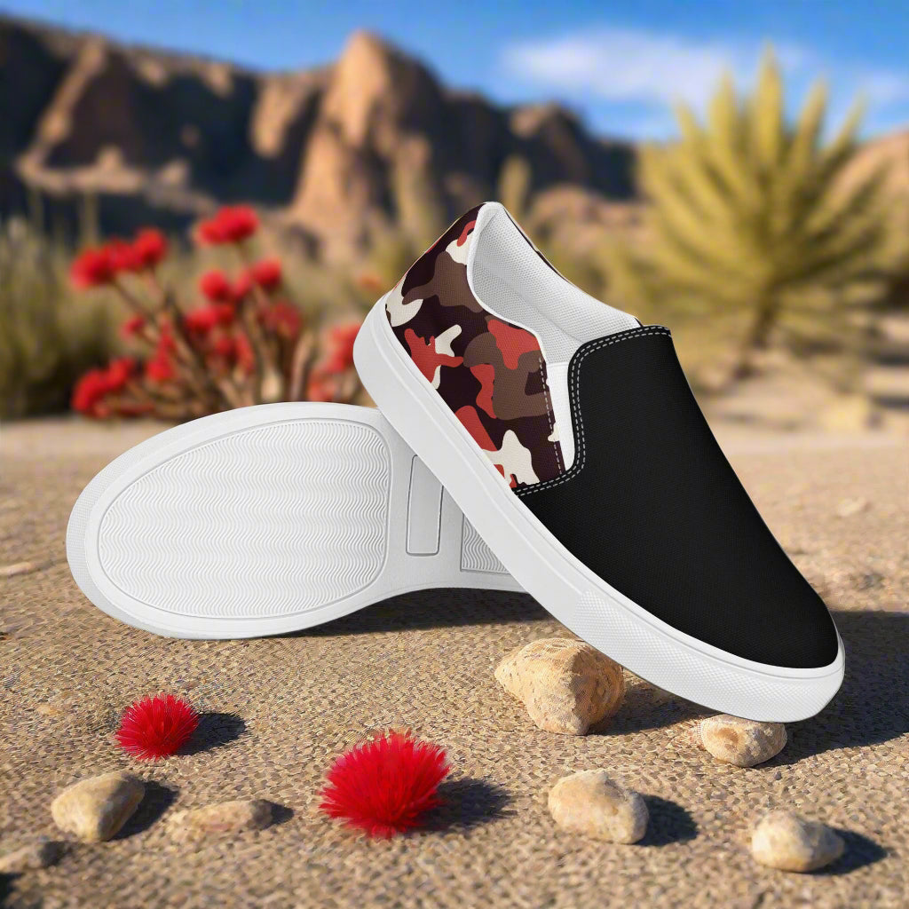 Red Camo Two Tone Slip-on Canvas Shoes on a desert background with rocks and plants