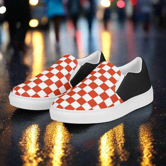 Red Chex Halftone Slip-on Canvas Shoes with Black Accents for Stylish Comfort