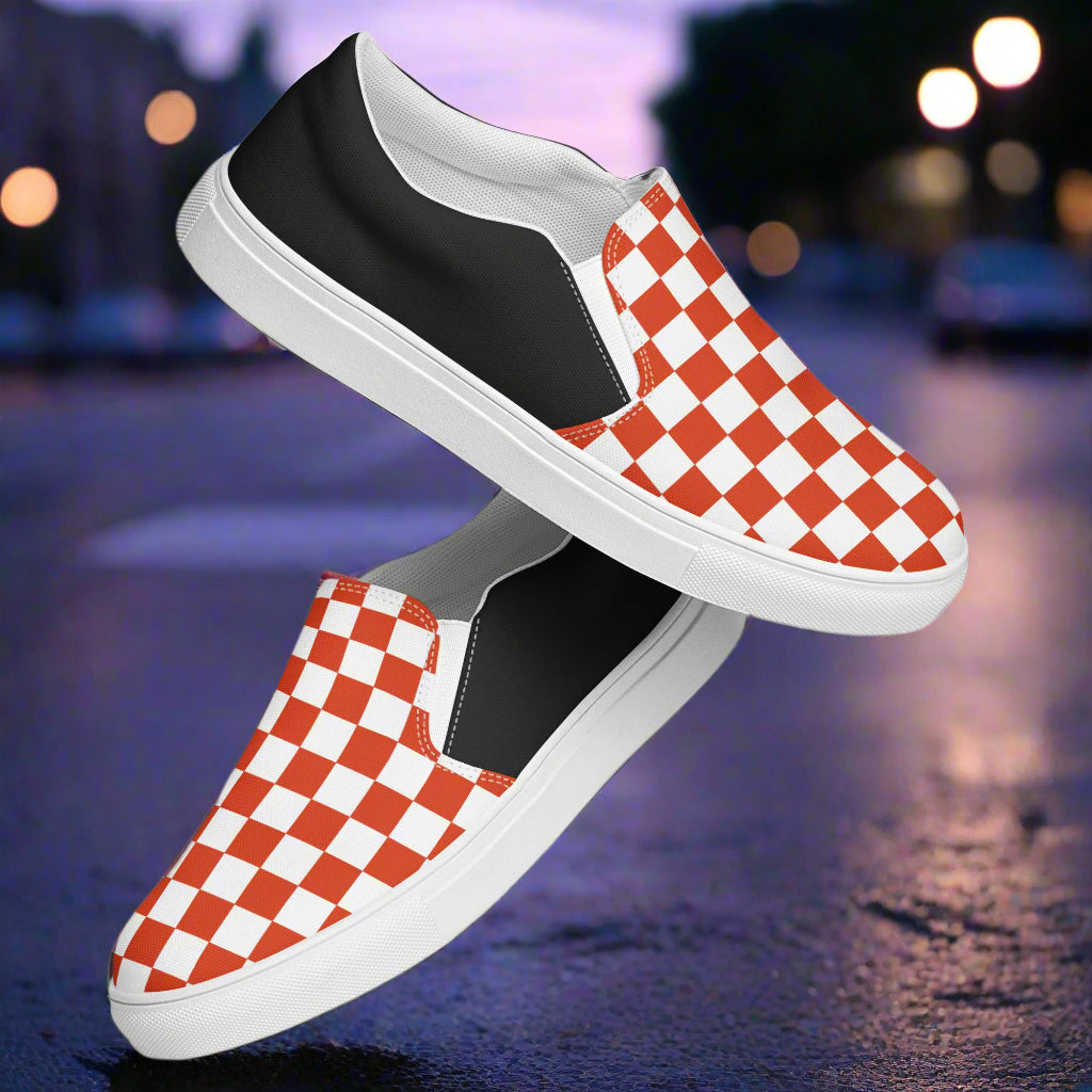 Red Chex Halftone Slip-on Canvas Shoes with a stylish checkered design for casual wear